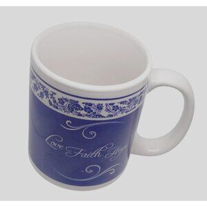 Blue & White Ceramic Coffee Tea Mug w Floral Design "Love Faith Hope" Script Vtg